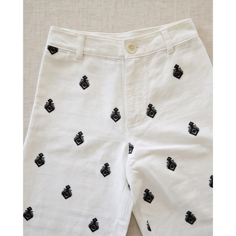 Zara Women's XS Embroidered Linen Wide Leg Pants Eggshell White Black NWT